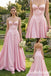 Romantic Blush Pink Satin Spaghetti Strap Lace A-Line Formal Gown, PD01269