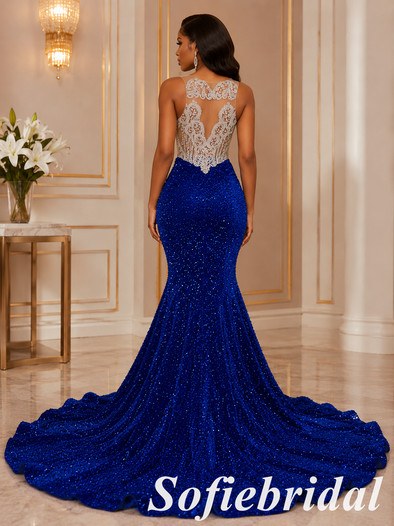 Royal Blue Illusion Mesh Rhinestone Spaghetti Strap Mermaid Prom Gown, PD01288