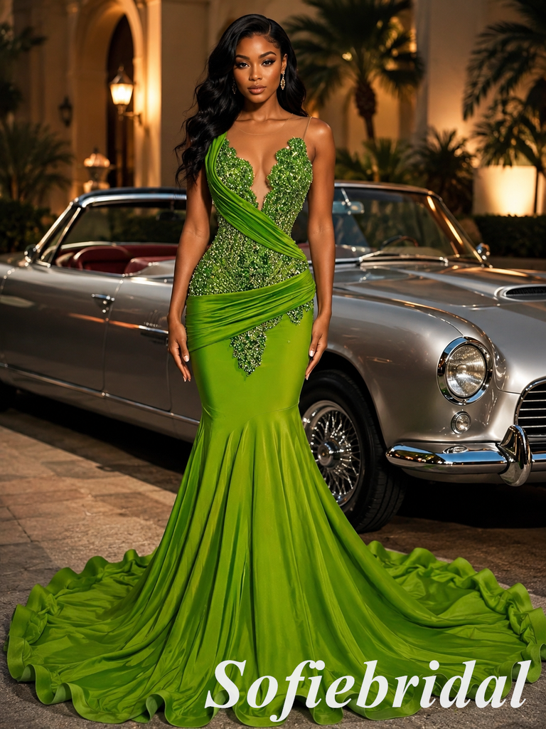 Olive Green Wrap Ruched Beaded Deep V-Neck Mermaid Satin Prom Dress, PD01289