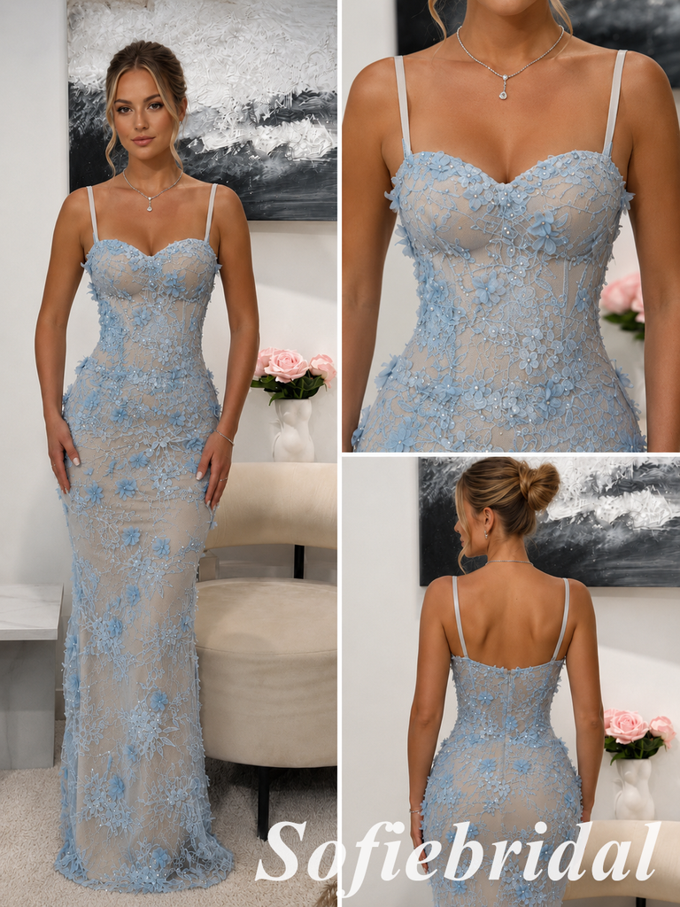 Light Blue Spaghetti Straps Sweetheart Lace Applique Mermaid Evening Gown, PD01291