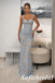 Light Blue Spaghetti Straps Sweetheart Lace Applique Mermaid Evening Gown, PD01291