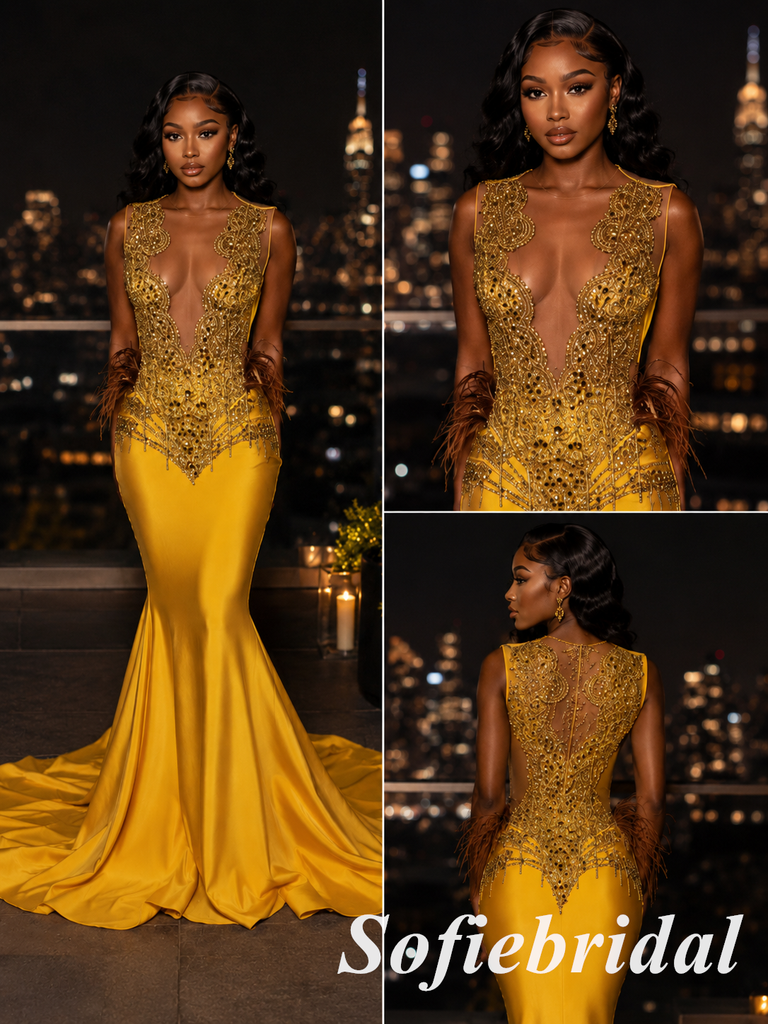 Yellow Gold Beaded Deep V-Neck Mermaid Prom Dress with Feather Accent, PD1292