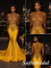Yellow Gold Beaded Deep V-Neck Mermaid Prom Dress with Feather Accent, PD1292
