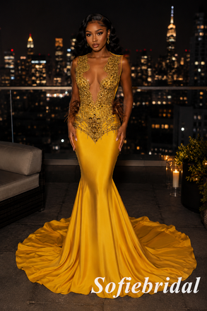 Yellow Gold Beaded Deep V-Neck Mermaid Prom Dress with Feather Accent, PD1292