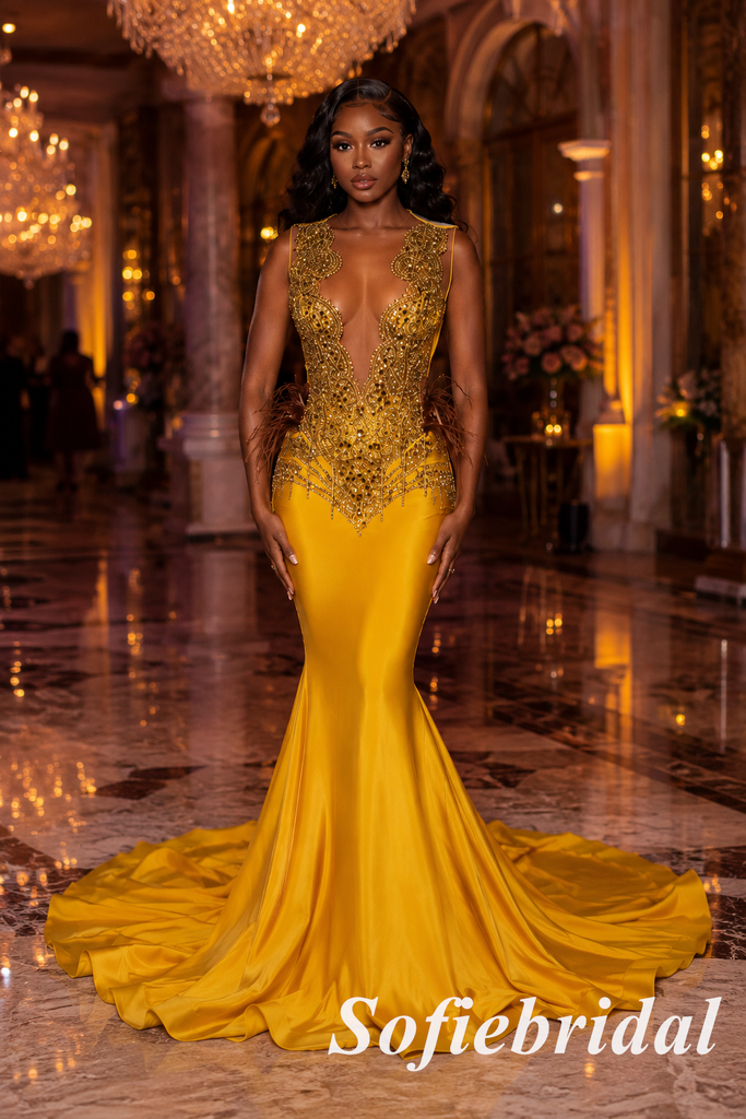 Yellow Gold Beaded Deep V-Neck Mermaid Prom Dress with Feather Accent, PD1292