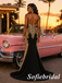 Black and Gold Beaded Halter Prom Dress Mermaid Evening Gown, PD1294