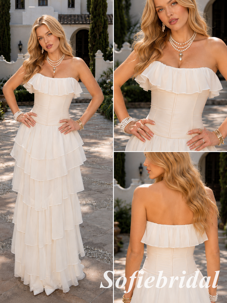 Ivory Strapless Tiered Chiffon Prom Dress for Wedding Guest, PD1295