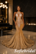 Gold Sparkly Beaded Halter Mermaid Prom Dress Cutout Back Formal Evening Gown, PD1299