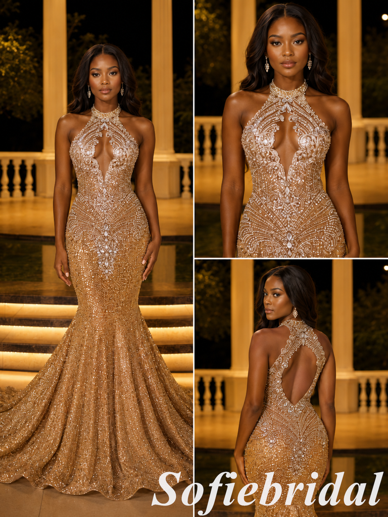 Gold Sparkly Beaded Halter Mermaid Prom Dress Cutout Back Formal Evening Gown, PD1299