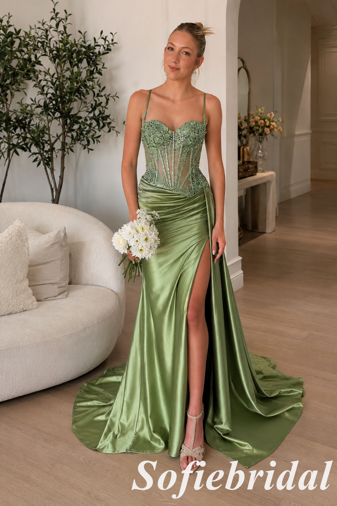 Sage Green Satin Corset Spaghetti Strap Mermaid Prom Dress With High Slit, PD1298