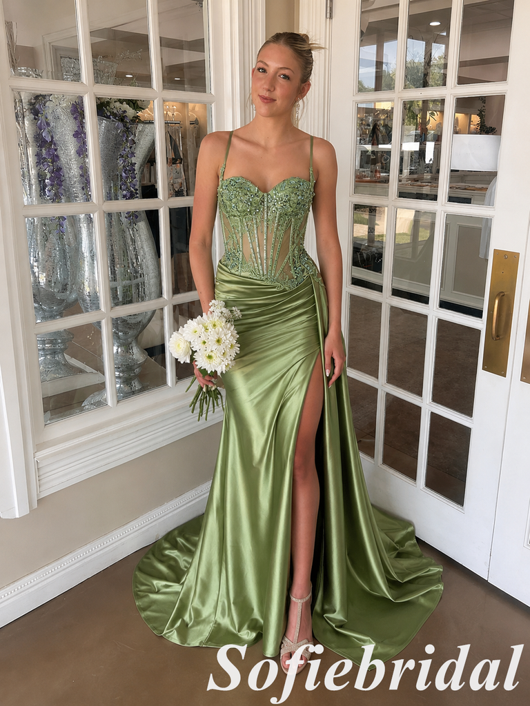 Sage Green Satin Corset Spaghetti Strap Mermaid Prom Dress With High Slit, PD1298