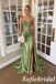 Sage Green Satin Corset Spaghetti Strap Mermaid Prom Dress With High Slit, PD1298