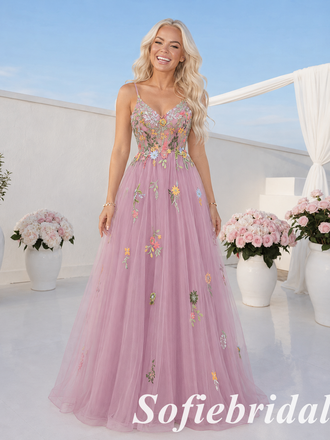 Elegant Tulle Spaghetti Strap A-Line Prom Dress With Colorful Floral Embroidery, PD1301