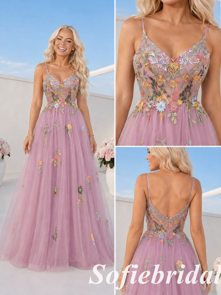 Elegant Tulle Spaghetti Strap A-Line Prom Dress With Colorful Floral Embroidery, PD1301