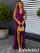 Rich Violet Jersey Deep V Halter Backless Ruched High Slit Wedding Guest Dress, PD1304