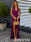 Rich Violet Jersey Deep V Halter Backless Ruched High Slit Wedding Guest Dress, PD1304