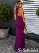 Rich Violet Jersey Deep V Halter Backless Ruched High Slit Wedding Guest Dress, PD1304