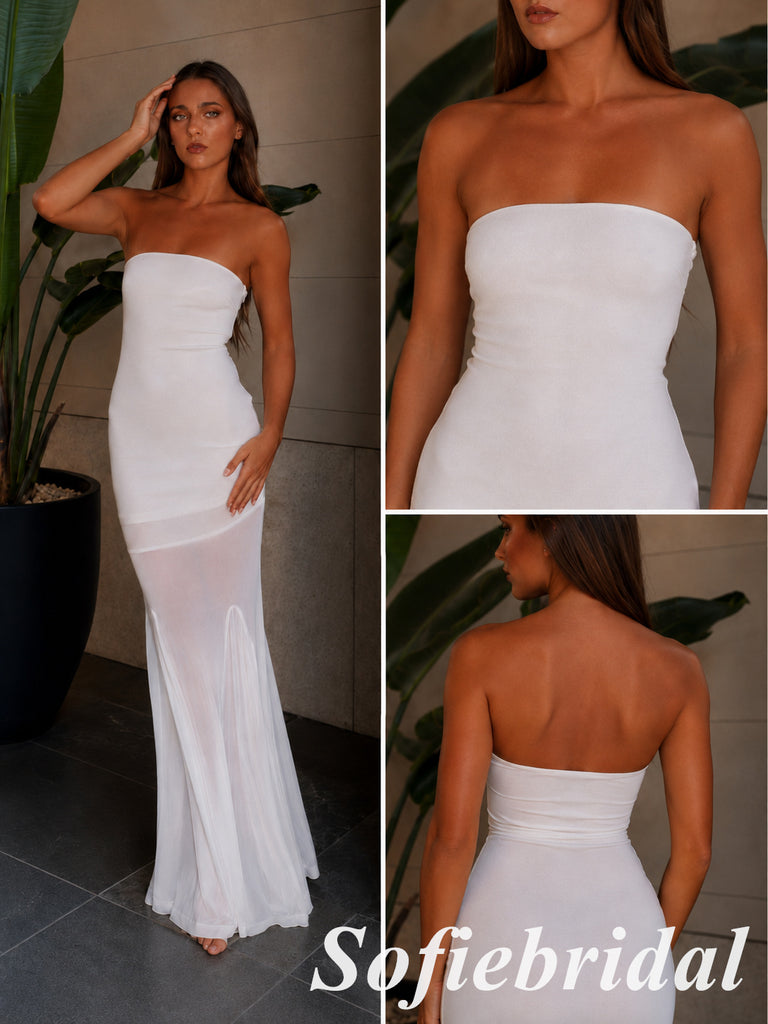 Ivory Tube Top Sheer Chiffon Mermaid Gown Sleeveless Slim Fit Long Formal Party Dress, PD1306