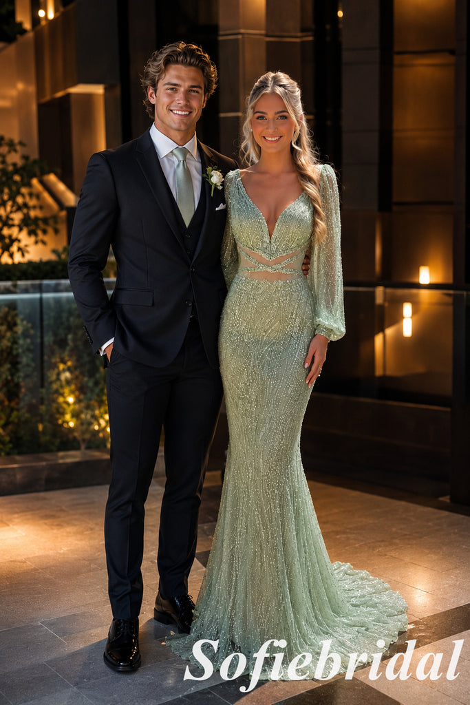 Sage Beaded Tulle Mermaid Prom Dress Long Puff Sleeve Formal Gown, PD1308