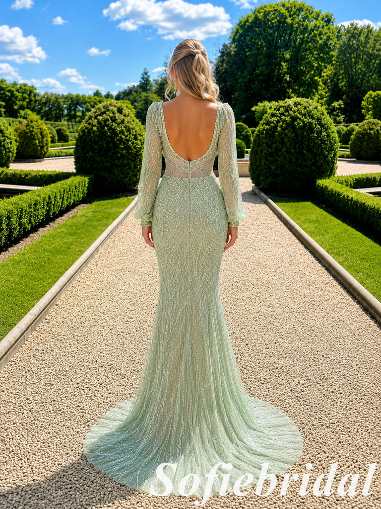 Sage Beaded Tulle Mermaid Prom Dress Long Puff Sleeve Formal Gown, PD1308