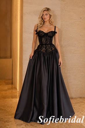 Vintage Black Lace Corset Satin Spaghetti Strap Bow Detail A Line Formal Evening Gown, PD1309
