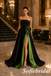 Classic Black Satin Strapless Prom Dress Green Floral Applique Side Split Evening Gown, PD1310