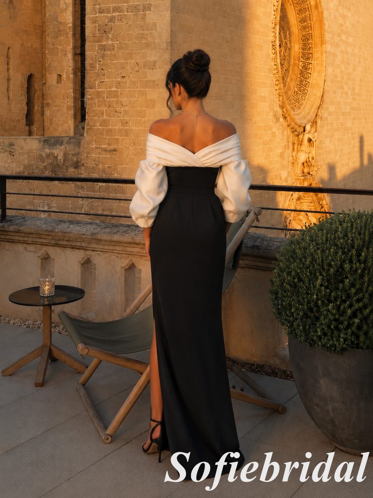 Contrast White Bardot Puff Sleeve Black Fitted Slit Pocket Evening Gown, PD1311