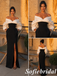 Contrast White Bardot Puff Sleeve Black Fitted Slit Pocket Evening Gown, PD1311