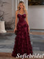 Luxury Burgundy Silk Satin Halter Backless Mermaid Prom Dress Rhinestone Detail 3D Flowers, PD1312