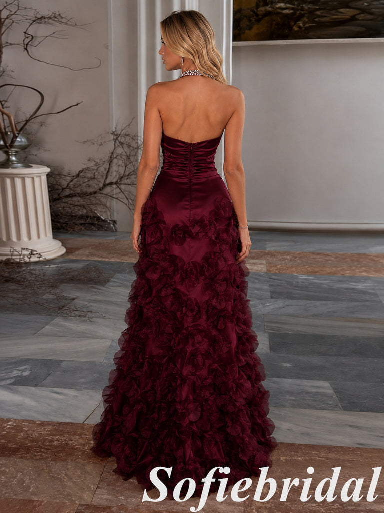 Luxury Burgundy Silk Satin Halter Backless Mermaid Prom Dress Rhinestone Detail 3D Flowers, PD1312
