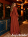 Elegant Terracotta Chiffon Long Sleeve V-Neck A-Line Wedding Guest Maxi Dress, PD1315