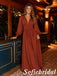Elegant Terracotta Chiffon Long Sleeve V-Neck A-Line Wedding Guest Maxi Dress, PD1315