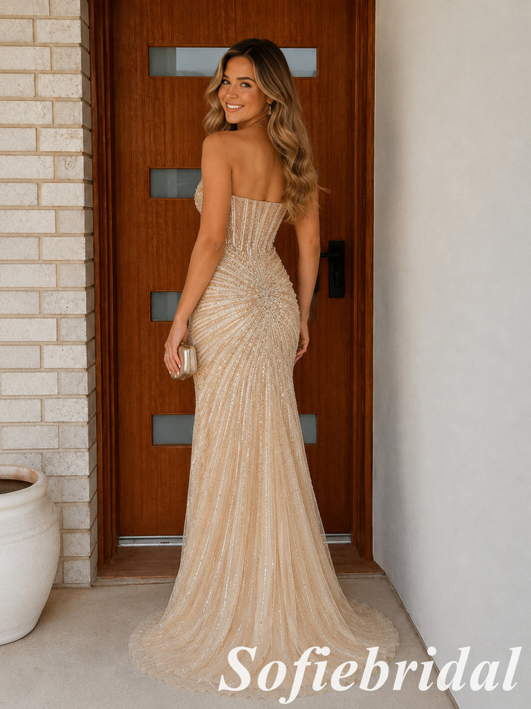 Shiny Champagne Beaded Tulle Strapless Slit Mermaid Prom Gown, PD1316