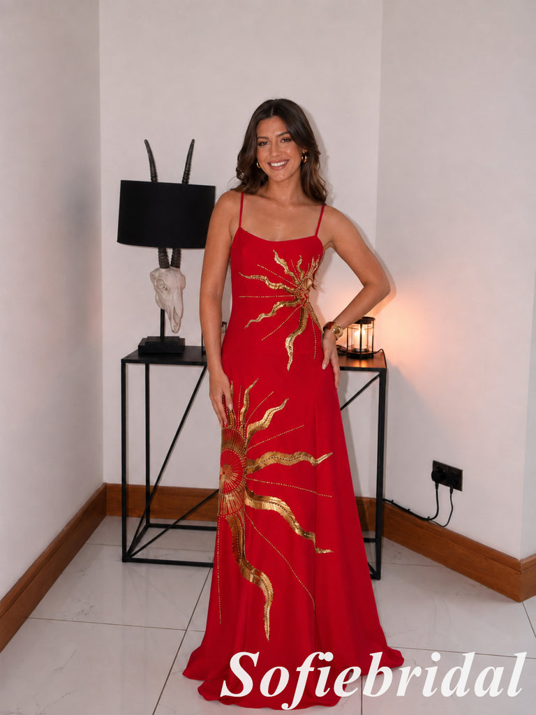 Elegant Red Satin Spaghetti Strap Evening Gown With Gold Sun Embroidery, PD1317