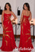Elegant Red Satin Spaghetti Strap Evening Gown With Gold Sun Embroidery, PD1317