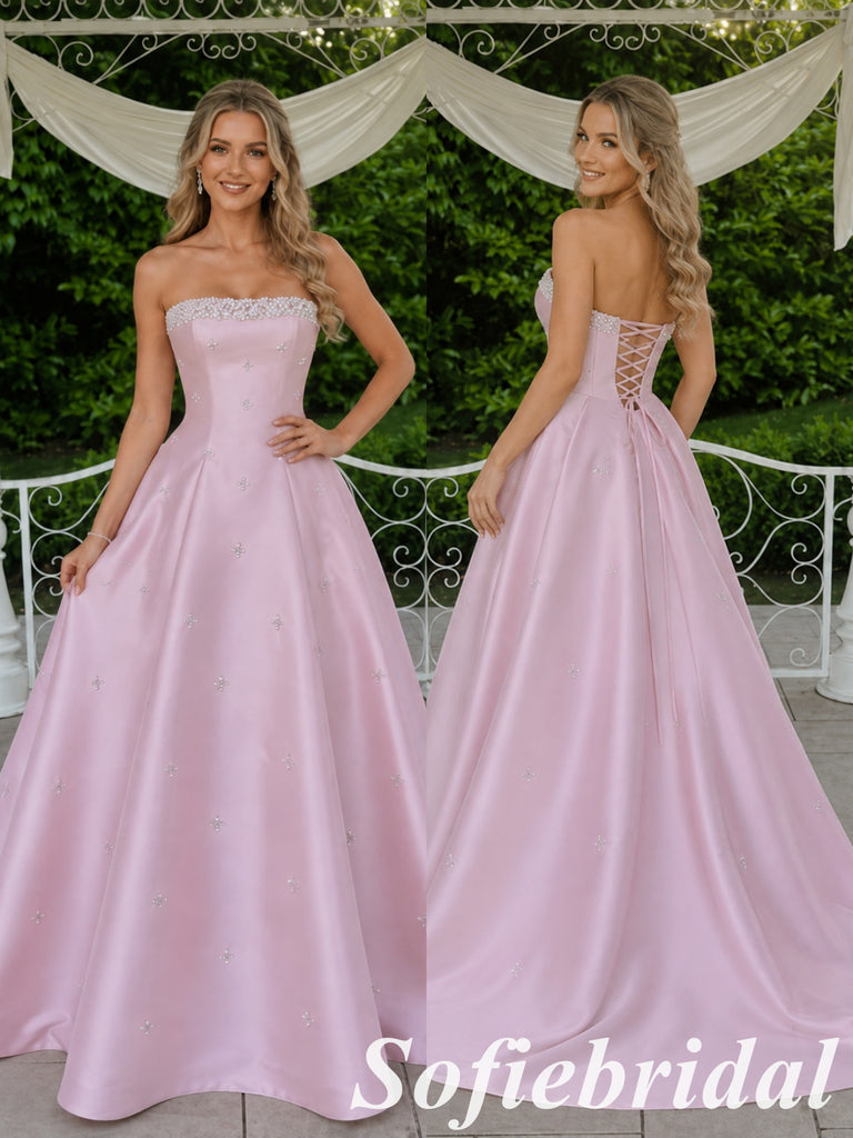 Sweet Light Pink Satin Strapless Ball Gown With Rhinestone Details, PD1318