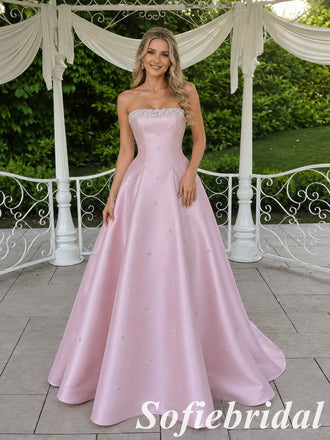 Sweet Light Pink Satin Strapless Ball Gown With Rhinestone Details, PD1318