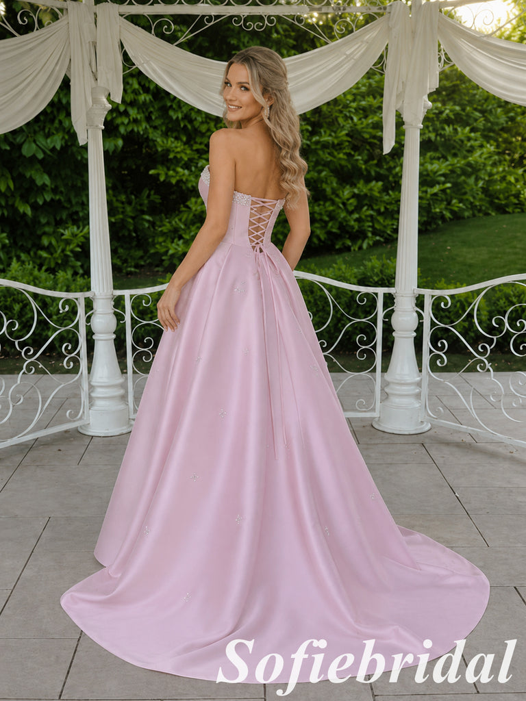 Sweet Light Pink Satin Strapless Ball Gown With Rhinestone Details, PD1318