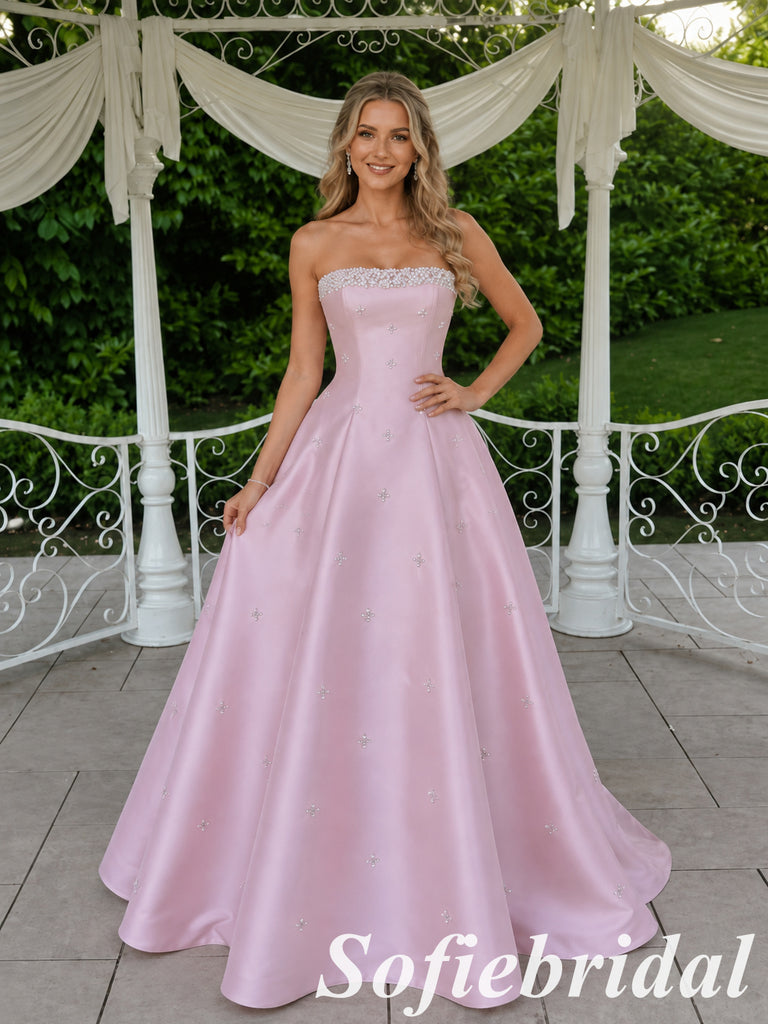 Sweet Light Pink Satin Strapless Ball Gown With Rhinestone Details, PD1318