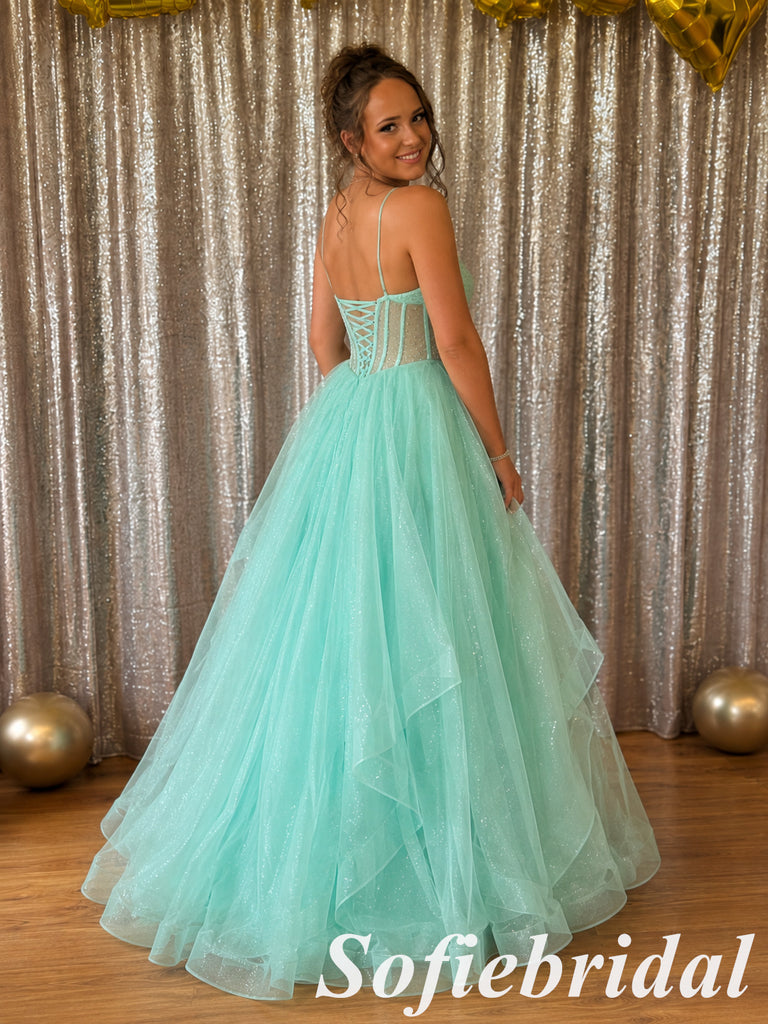 Sweet Mint Glitter Tulle Corset Spaghetti Strap Prom Ball Gown, PD1319