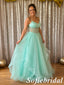 Sweet Mint Glitter Tulle Corset Spaghetti Strap Prom Ball Gown, PD1319