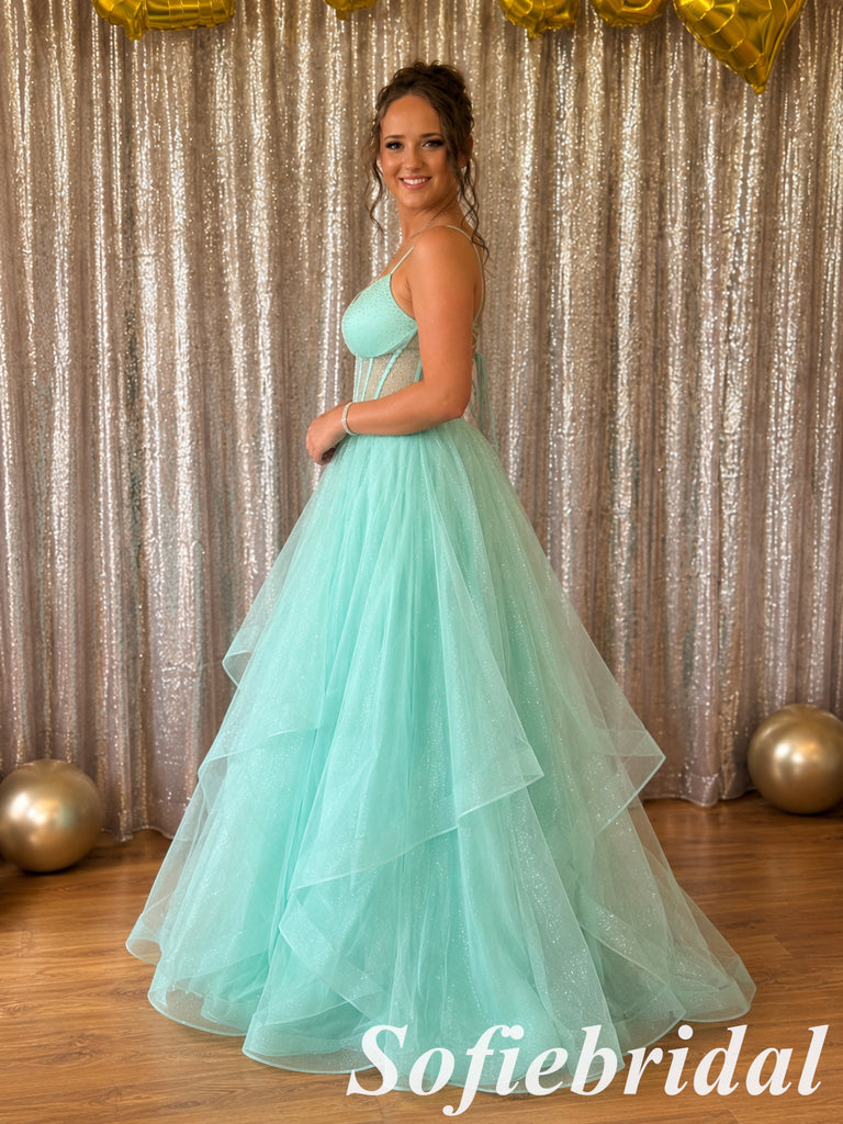 Sweet Mint Glitter Tulle Corset Spaghetti Strap Prom Ball Gown, PD1319