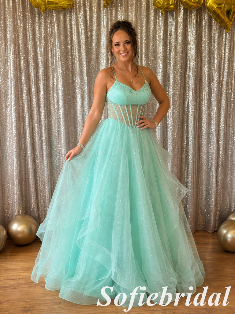 Sweet Mint Glitter Tulle Corset Spaghetti Strap Prom Ball Gown, PD1319