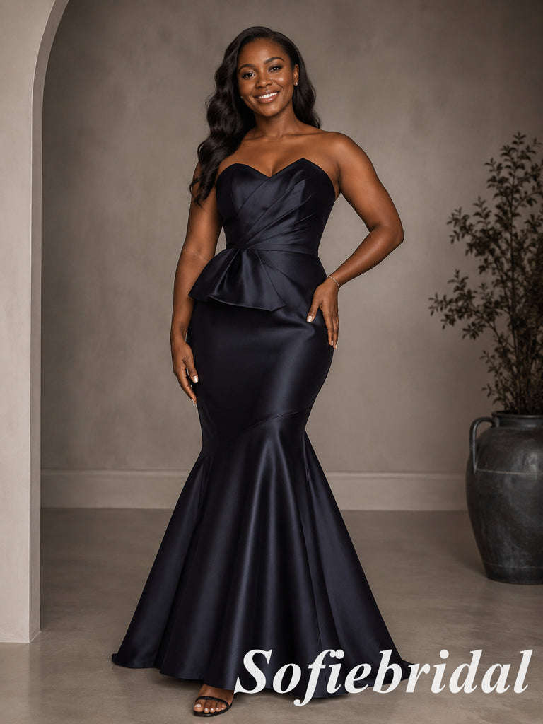 Elegant Navy Satin Strapless Peplum Mermaid Evening Gown, PD1320