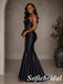 Elegant Navy Satin Strapless Peplum Mermaid Evening Gown, PD1320