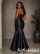 Elegant Navy Satin Strapless Peplum Mermaid Evening Gown, PD1320