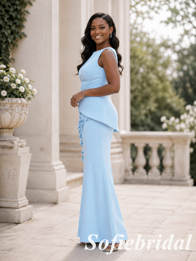 Chic Crepe Sky Blue 3D Floral Sleeveless Peplum Column Gown, PD1321