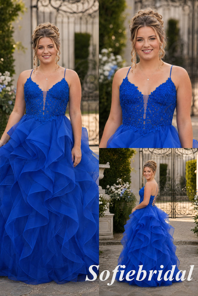 Glamorous Royal Blue Lace Spaghetti Strap Ruffled A-Line Tulle Ball Gown, PD1322
