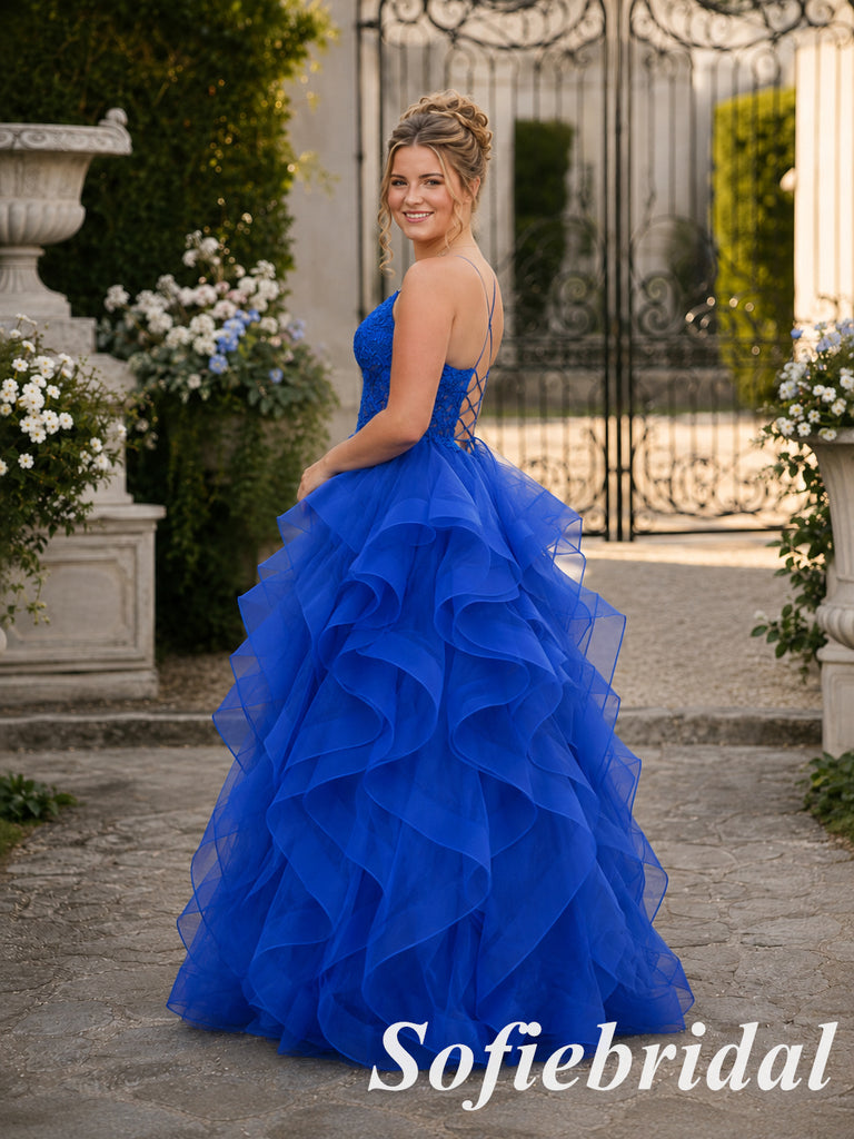 Glamorous Royal Blue Lace Spaghetti Strap Ruffled A-Line Tulle Ball Gown, PD1322
