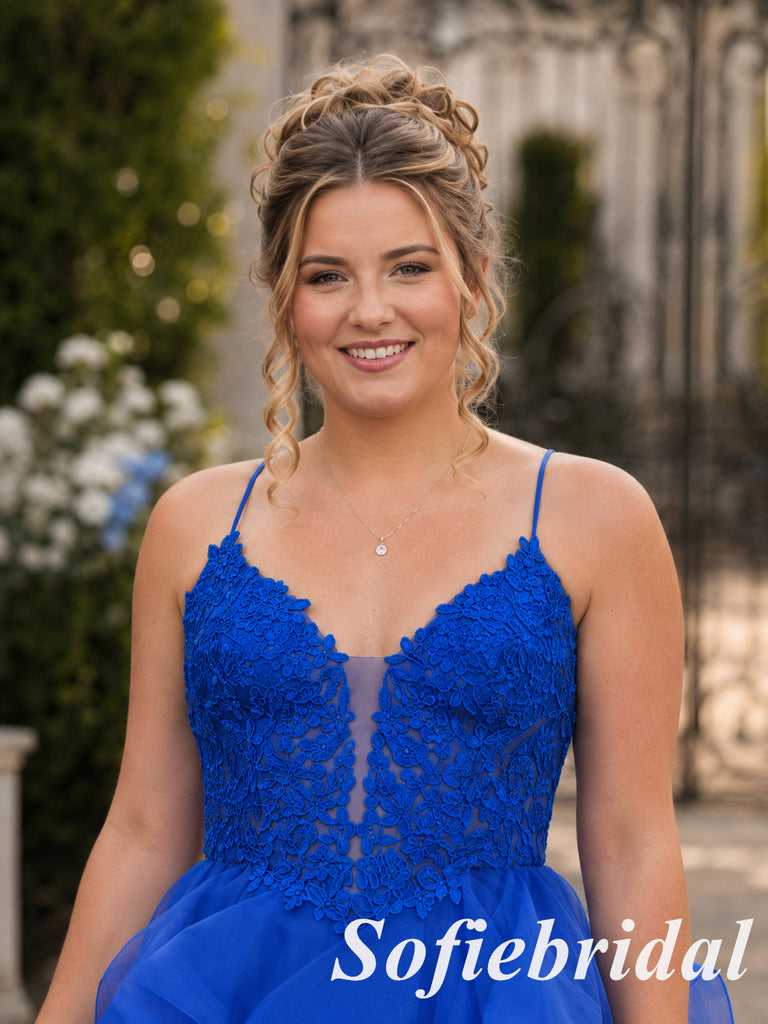 Glamorous Royal Blue Lace Spaghetti Strap Ruffled A-Line Tulle Ball Gown, PD1322